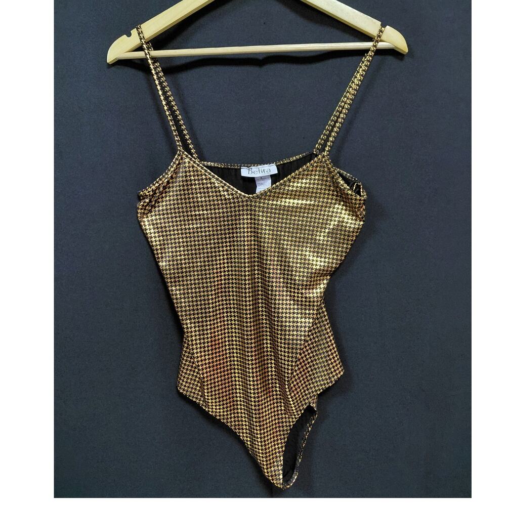 Belita collection SBT 245 Metallic Bodysuit Gold Solid Knit Women Size L